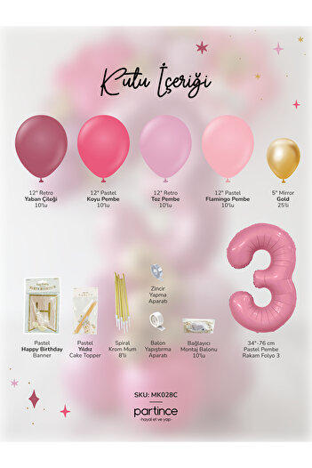 partince 3 Year Old Balloon Birthday Balloon Chain Mini Pastel Pink Party Set