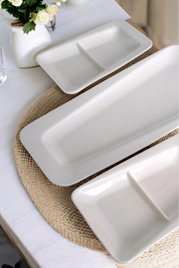 Digithome Istanbul Porcelain 3-Piece Divided Boat Serving Plate Set Cream C-320.035