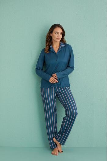 MEBA Women &Apos; S Thermal Pajamas Set with Dark Blue Stripes - Front Button, New Year Gift