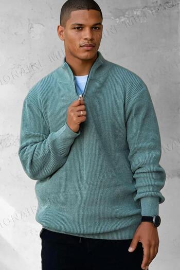 Millionaire Men's Aqua Green Zip-Up Turtleneck Winter Knitwear Sweater