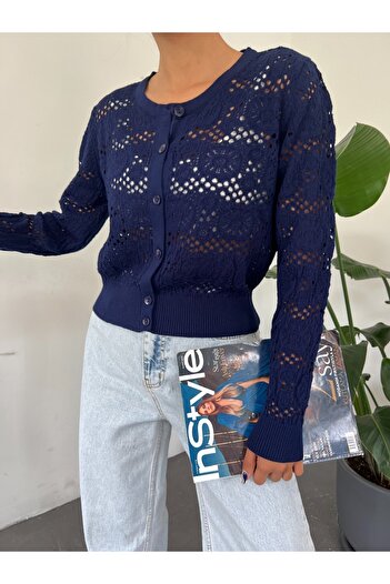 Modamorfo Geknöpfte, durchbrochene, saisonale Strickjacke mit elastischem Bund – dunkel