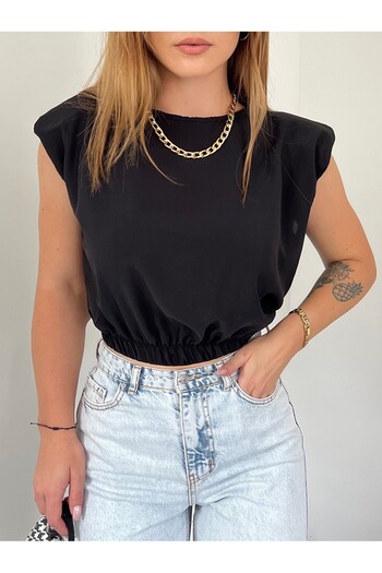 Modamorfo Elastic Waist Blouse with Padded Shoulders -Black