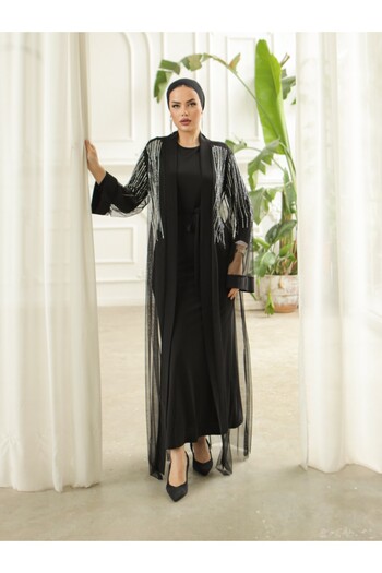 Modamorfo Πέτρινη Λεπτομερής Ζώνη Διπλό Abaya Σετ - μαύρο
