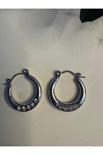 stainless steell Gümüş Renkli Üzeri Taşlı Çelik Küpe- Taşlı Çelik Halka Küpe