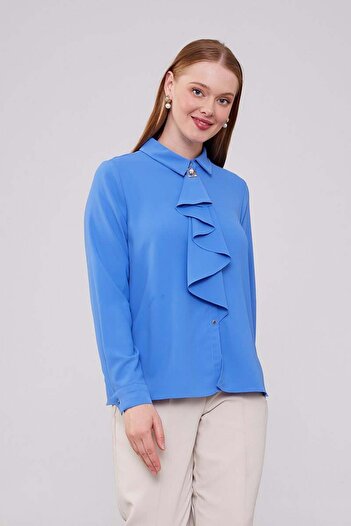 Levidor Indigo Collar Scarf Brooch Detailed Blouse