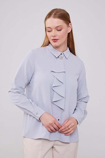 Levidor Gray Neckline Scarf Brooch Detailed Blouse