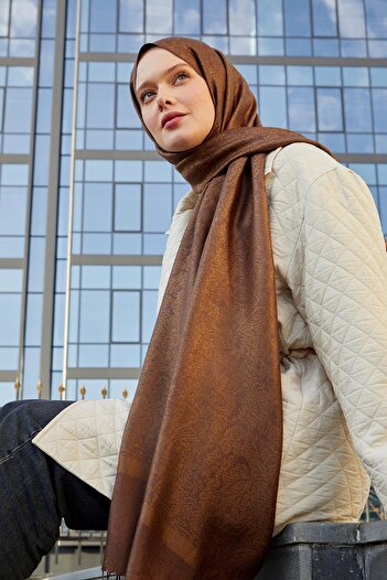 Levidor Coffee Tasseled Ethnic Cashmere Silk Shawl