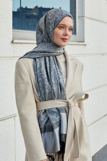 Levidor Black-Gray Tasseled Ethnic Cashmere Silk Shawl