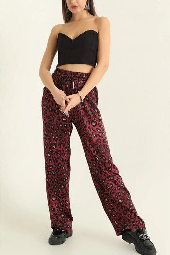 NARKISS Leopard Print Burgundy Satin Trousers with Pipe Leg Waist Elastic
