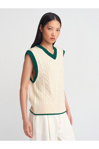 Dilvin 10691 V-Neck Braided Striped Knitwear Sweater-Ecru-Green
