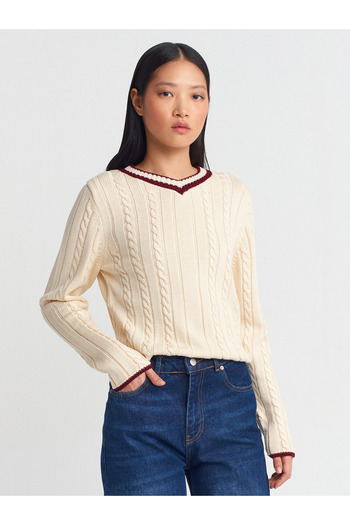 Dilvin 10687 V-Neck Striped Hair Knit Knitwear Sweater-Ecru-Claret Red