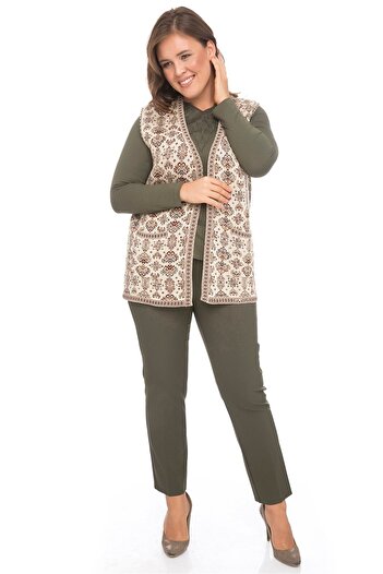 Uludağ Triko Women's Stone Flower Patterned Kilim Vest with Pockets