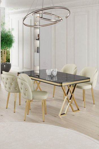 Canisa Rigel Serisi 80x130 Lak Panel Siyah Mermer Desen Masa Takımı Gold Ayaklı 4 Krem Sandalye