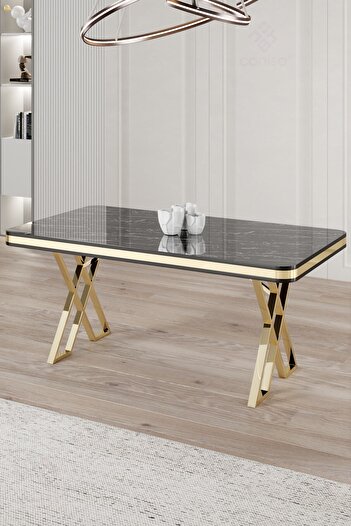 Canisa Rigel Serisi 80x130 Lak Panel Siyah Mermer Desen Masa Takımı Gold Ayaklı 4 Krem Sandalye