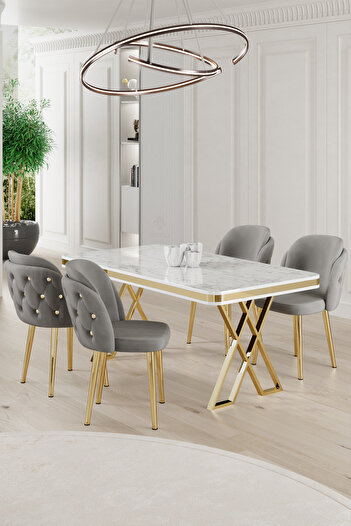 Canisa Rigel Serisi 80x130 Lak Panel Beyaz Mermer Desen Masa Takımı Gold Ayaklı 4 Gri Sandalye