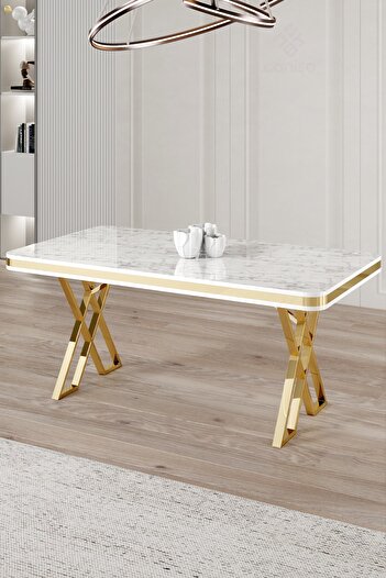 Canisa Rigel Serisi 80x130 Lak Panel Beyaz Mermer Desen Masa Takımı Gold Ayaklı 4 Gri Sandalye