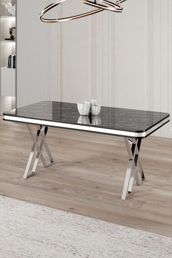 Canisa Rigel Serisi 80x130 Lak Panel Siyah Mermer Desen Masa Takımı Krom Ayaklı 4 Gri Sandalye