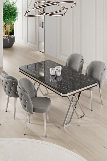 Canisa Rigel Serisi 80x130 Lak Panel Siyah Mermer Desen Masa Takımı Krom Ayaklı 4 Gri Sandalye