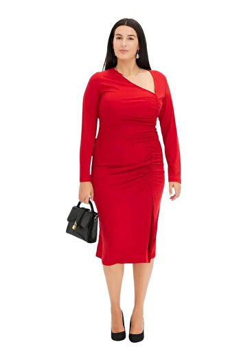 MAMAYAGA Women's Asymmetrical Neckline Gathered Sports Stylish Night Curve Plus Size Evening Dress