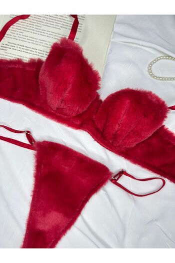 ROZENİN LINGERIE Red Soft Textured Plush Underwear Set