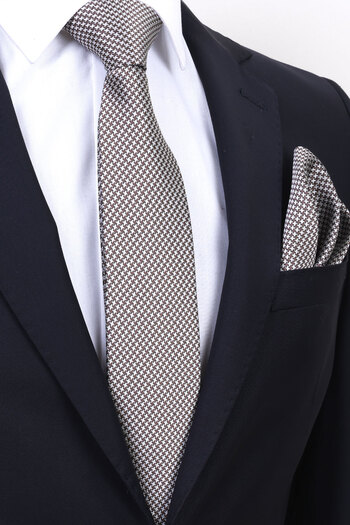Esgue Hand Made 7.5 cm Patterned Beige & Brown Tie & Handkerchief