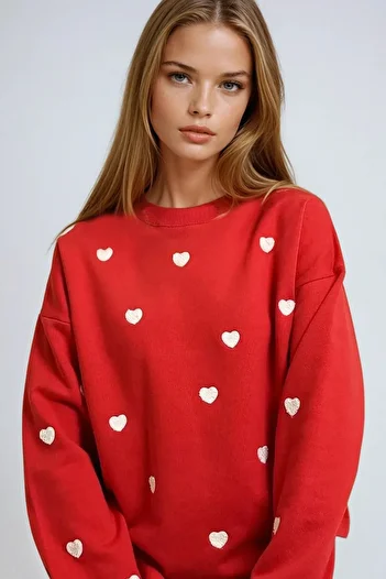 VAGGON Women's Red Crew Neck Heart Embroidered Winter Thick Knitwear Sweater Prmx13230