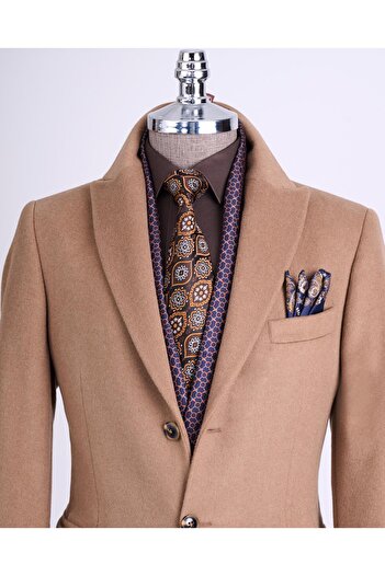 TerziAdemAltun Camel Slim Fit Cashew Men's Coat - Pointed Collar, Wool Blend T13447
