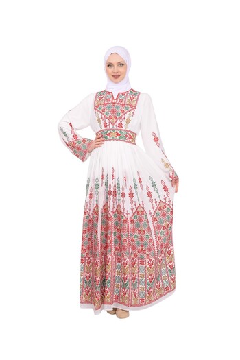 Zaytoon Kanfa din șifon alb - rochie tradițională ajurata pentru femei cu broderie cu decolteu O M-3xl C 100025