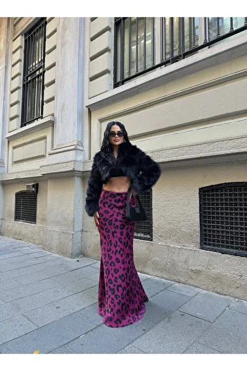 LB Laluna Butik Women's Leopard Print Satin Skirt