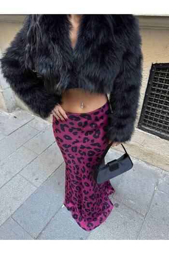 LB Laluna Butik Women's Leopard Print Satin Skirt