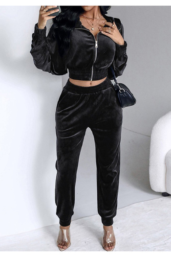 Little Visqon Women's Long Sleeve Front Zip Crop Velvet Jacket and Trousers Double Set