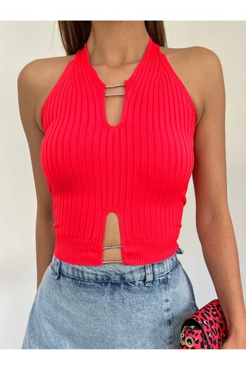 Modamorfo Metal Detailed Zero Sleeve Ribbed Knitwear Crop Undershirt -Red