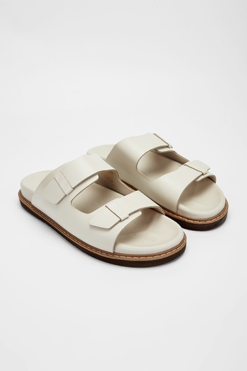 Valmenti Men's Beige Genuine Leather Flat Slippers