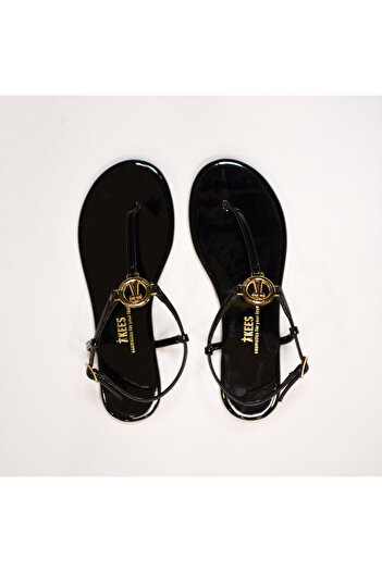 Tkees Women's Patent Leather Black Stylish Buckle Sandals