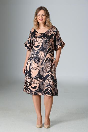 VİENETTA Women's Plus Size Satin Short Sleeve Coffee Dress