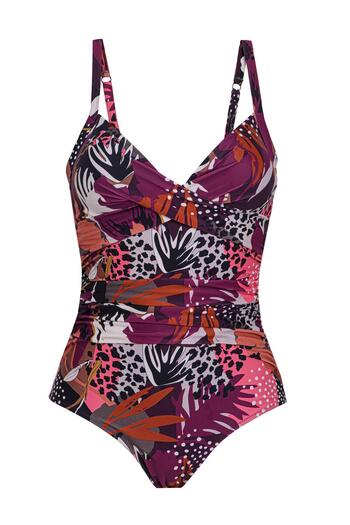 HAREM SUARE Judy Minimizer Gathering Large Size V-Neck Swimsuit Palm & Leopard Pattern