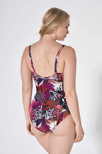 HAREM SUARE Judy Minimizer Gathering Large Size V-Neck Swimsuit Palm & Leopard Pattern