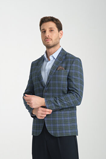Frappoli Nina Men's Navy Blue - Green Plaid Slim Fit Mono Collar Sports Blazer Jacket