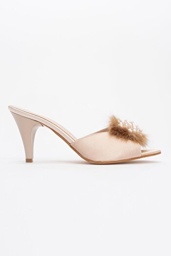 Ccway Satin Women's Heeled Slippers - Feather and Pearls