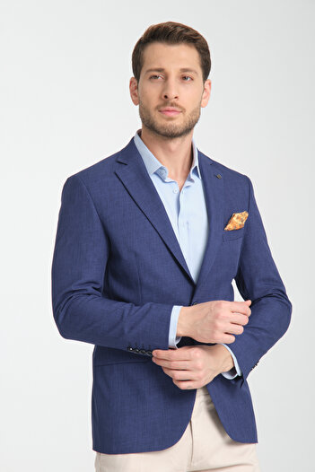Frappoli Nipoye Men's Light Navy Blue Fully Lined Mono Collar Slim Fit Sports Blazer Jacket