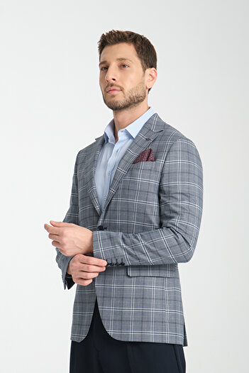 Frappoli Marega Men's Navy Blue Plaid Slim Fit Mono Collar Sports Blazer Jacket