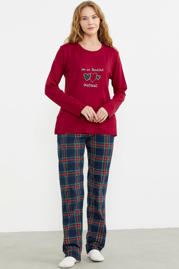 Sementa Red Pajama Set with Plaid Pattern and Embroidery