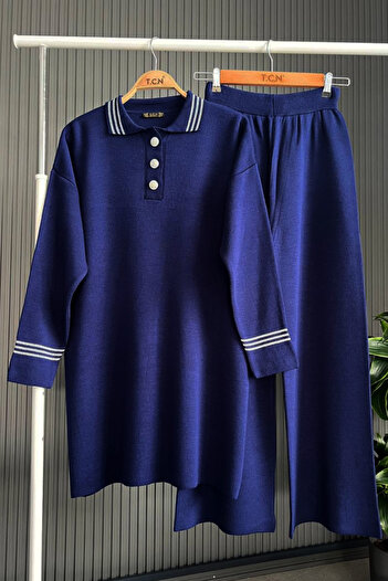 Bold Grup Women's Navy Blue Standard Knitwear Silvery Striped Stone Button Detailed Double Suit Hijab Suit