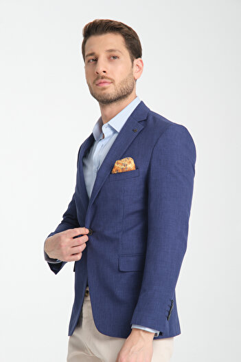 Frappoli Nipoye Men's Light Navy Blue Fully Lined Mono Collar Slim Fit Sports Blazer Jacket
