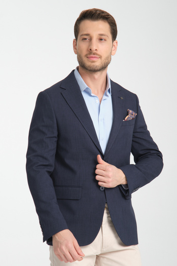 Frappoli Arunte Men's Navy Blue Linen Look Thin Four Season Wearable Slim Fit Blazer Jacket