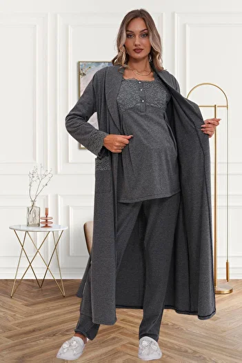 Mecit Pijama Women's Maternity Long Guipure Detailed Sleeves Dressing Gown Sleepwear