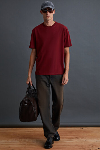 GRIMELANGE Solo Men - 100% οργανικό βαμβάκι, χοντρή υφή, Comfort Fit Crew Neck Claret Red T-shirt