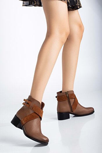 ANALİN SHOES Γυναικείες μπότες casual από γνήσιο δέρμα με λεπτομέρεια από σουέτ με αγκράφα - Καρυδιά