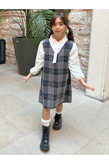 KÜÇÜĞÜM BUTİK Gray Plaid Girl's Winter V-Neck Gilet Dress