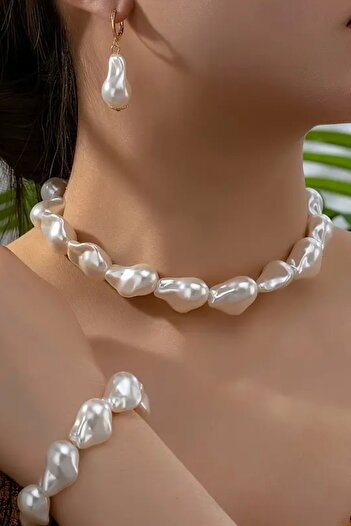 Mrs Flower Elegant Serisi Kadın İnci Takım Küpe Kolye Bilelik Set